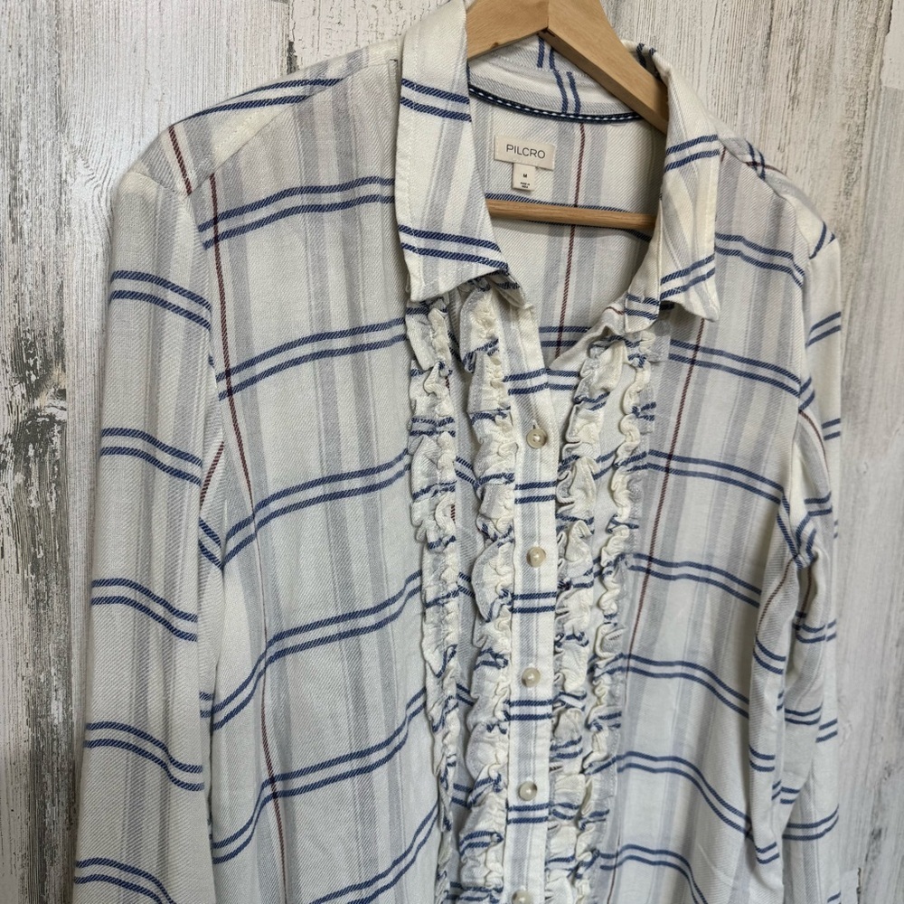 Anthropologie Pilcro Cream Blue Plaid Ruffle Front Button Down Shirt Size M - Picture 4 of 10